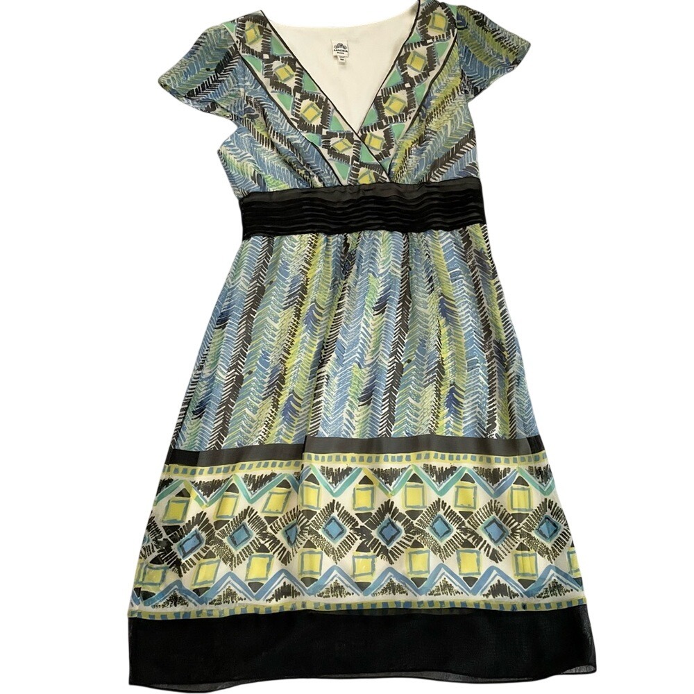 Sangria Petite Blue Green Chevron Geometric Faux Wrap Empire Waist Dress 10P